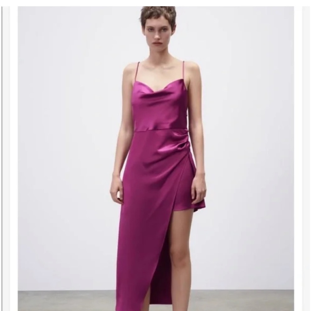 Zara plum berry color satin asymmetrical dress medium
